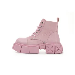 Trapar Waves Thick-Soled Logo Casual Leather Boots Pink