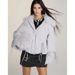 Via Pitti Bow Drawstring Fur Collar Down Jacket Light Gray