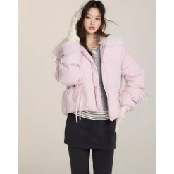 Via Pitti Bow Drawstring Fur Collar Down Jacket Light Pink