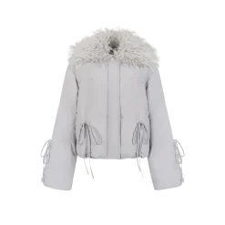 Via Pitti Bow Drawstring Fur Collar Down Jacket Light Gray
