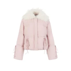 Via Pitti Bow Drawstring Fur Collar Down Jacket Light Pink