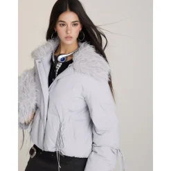 Via Pitti Bow Drawstring Fur Collar Down Jacket Light Gray