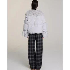 Via Pitti Bow Drawstring Fur Collar Down Jacket Light Gray