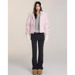 Via Pitti Bow Drawstring Fur Collar Down Jacket Light Pink