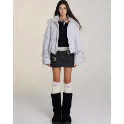 Via Pitti Bow Drawstring Fur Collar Down Jacket Light Gray