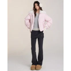 Via Pitti Bow Drawstring Fur Collar Down Jacket Light Pink