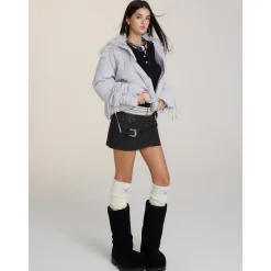 Via Pitti Bow Drawstring Fur Collar Down Jacket Light Gray