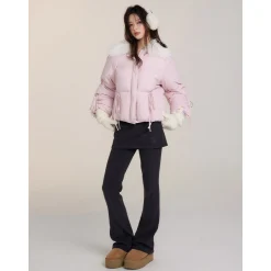 Via Pitti Bow Drawstring Fur Collar Down Jacket Light Pink