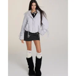 Via Pitti Bow Drawstring Fur Collar Down Jacket Light Gray