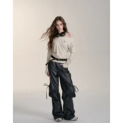 Via Pitti Bow-Knot Tie Big Pockets Cargo Pants Gray