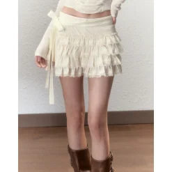 Via Pitti Bow-Knot Tie Tired Mini Skirt Shorts White
