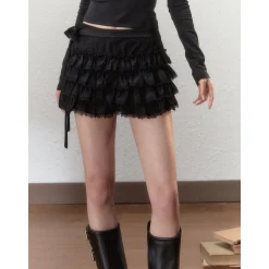 Via Pitti Bow-Knot Tie Tired Mini Skirt Shorts Black