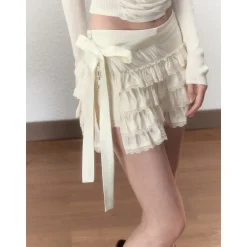 Via Pitti Bow-Knot Tie Tired Mini Skirt Shorts White