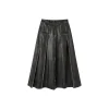 Via Pitti Brush-Off Leather Pleated Long Skirt Black
