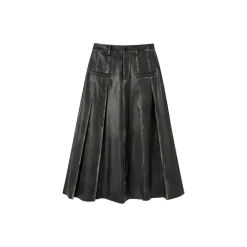 Via Pitti Brush-Off Leather Pleated Long Skirt Black