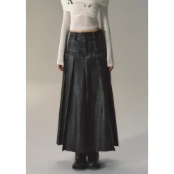 Via Pitti Brush-Off Leather Pleated Long Skirt Black