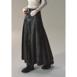 Via Pitti Brush-Off Leather Pleated Long Skirt Black