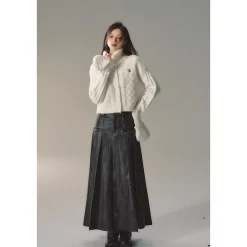 Via Pitti Brush-Off Leather Pleated Long Skirt Black