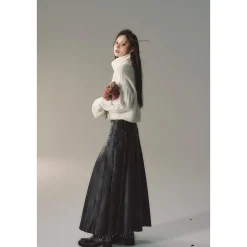 Via Pitti Brush-Off Leather Pleated Long Skirt Black