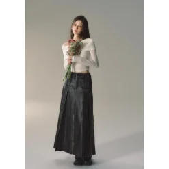 Via Pitti Brush-Off Leather Pleated Long Skirt Black