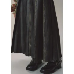 Via Pitti Brush-Off Leather Pleated Long Skirt Black