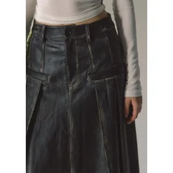 Via Pitti Brush-Off Leather Pleated Long Skirt Black