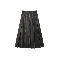 Via Pitti Brush-Off Leather Pleated Long Skirt Black