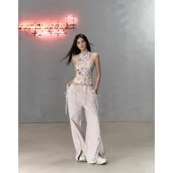 Via Pitti Color Blocked Bow Lace Patchwork Cargo Pants Pink