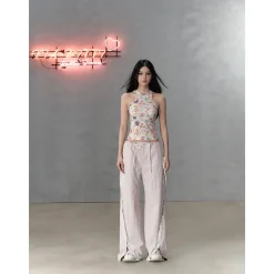 Via Pitti Color Blocked Bow Lace Patchwork Cargo Pants Pink