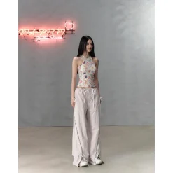 Via Pitti Color Blocked Bow Lace Patchwork Cargo Pants Pink