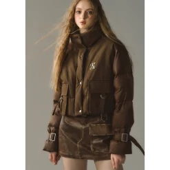 Via Pitti Color Blocked Cargo Down Jacket Brown