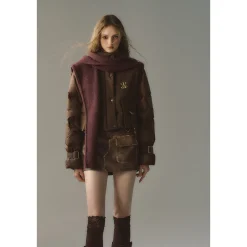 Via Pitti Color Blocked Cargo Down Jacket Brown