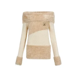 Via Pitti Color Blocked Fluffy Off-Shoulder Sweater