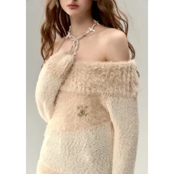 Via Pitti Color Blocked Fluffy Off-Shoulder Sweater