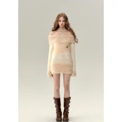 Via Pitti Color Blocked Fluffy Off-Shoulder Sweater