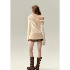 Via Pitti Color Blocked Fluffy Off-Shoulder Sweater
