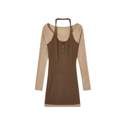 Via Pitti Color Blocked Halterneck Knit Dress Brown