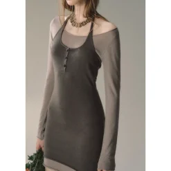 Via Pitti Color Blocked Halterneck Knit Dress Grey