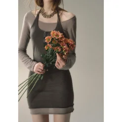 Via Pitti Color Blocked Halterneck Knit Dress Grey