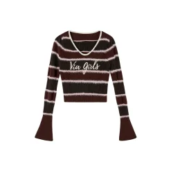 Via Pitti Color Blocked Logo Embroidery Flocking Top Reddish Brown