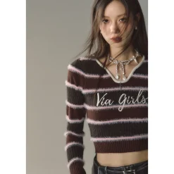 Via Pitti Color Blocked Logo Embroidery Flocking Top Reddish Brown