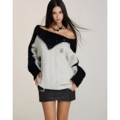 Via Pitti Color Blocked Patchwork Off-Shoulder Sweater Light Gray