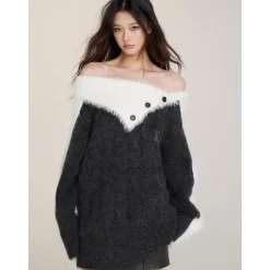 Via Pitti Color Blocked Patchwork Off-Shoulder Sweater Dark Gray