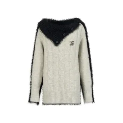 Via Pitti Color Blocked Patchwork Off-Shoulder Sweater Light Gray
