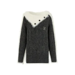 Via Pitti Color Blocked Patchwork Off-Shoulder Sweater Dark Gray