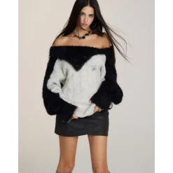 Via Pitti Color Blocked Patchwork Off-Shoulder Sweater Light Gray