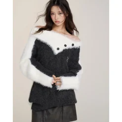 Via Pitti Color Blocked Patchwork Off-Shoulder Sweater Dark Gray