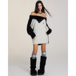 Via Pitti Color Blocked Patchwork Off-Shoulder Sweater Light Gray