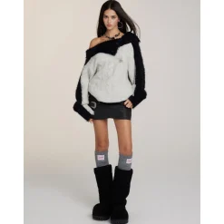 Via Pitti Color Blocked Patchwork Off-Shoulder Sweater Light Gray