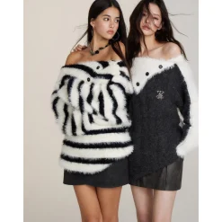 Via Pitti Color Blocked Patchwork Off-Shoulder Sweater Dark Gray